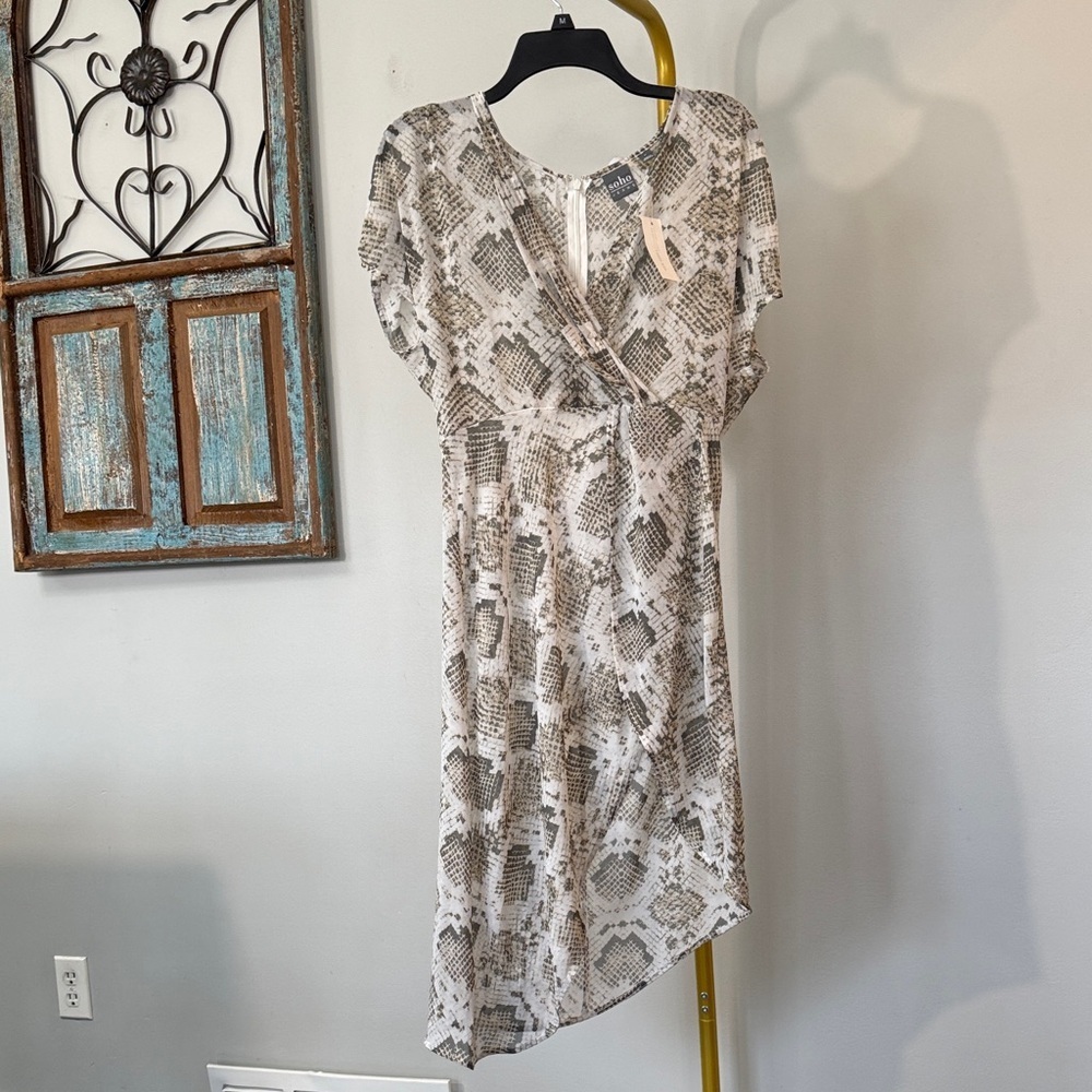 New York & Company Beige and Gray Snake-Print Asymmetric sheer Dress tunic NWT M